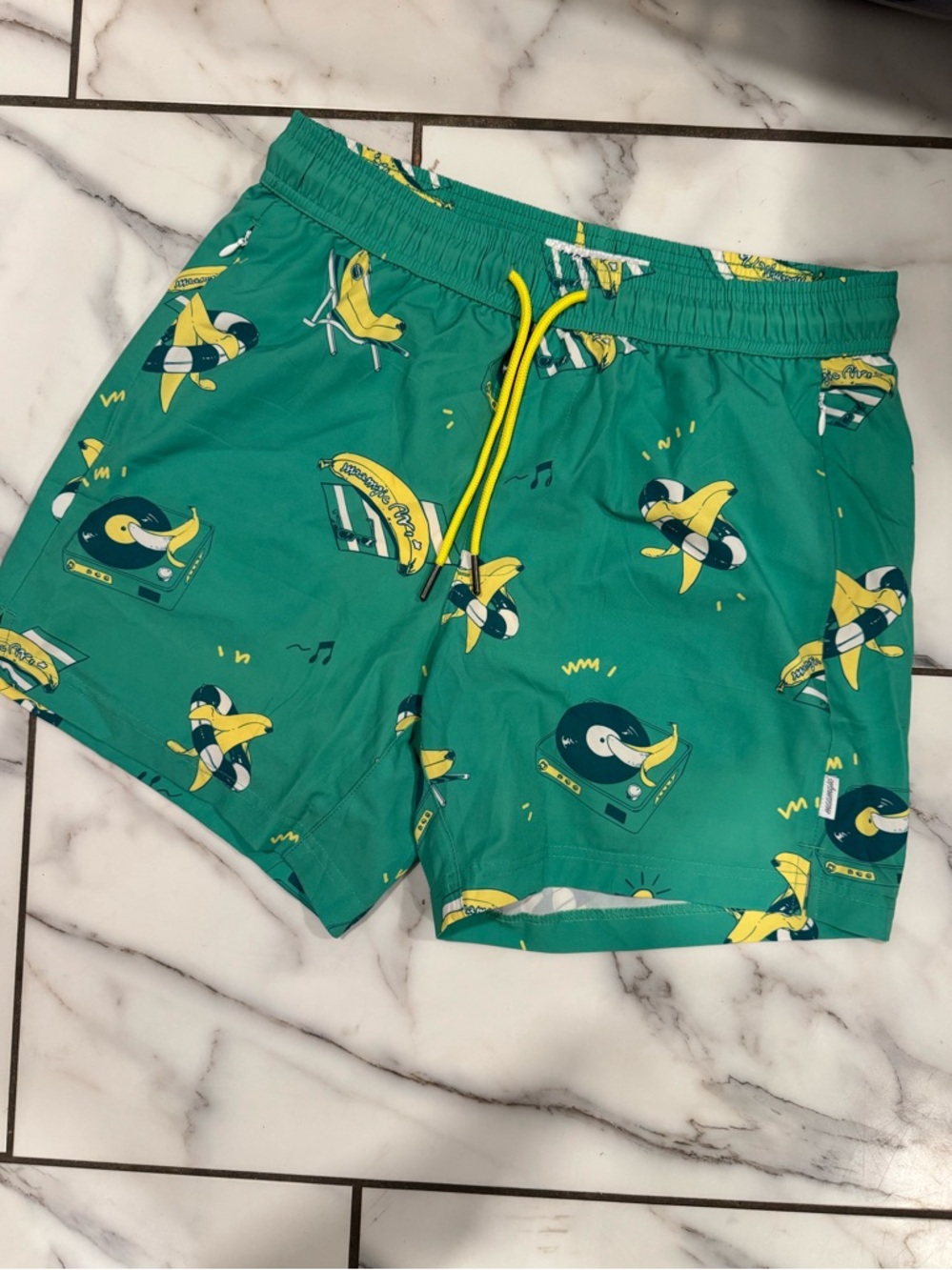 Green Banana & Vinyl Print Swim Shorts with Yellow Liner